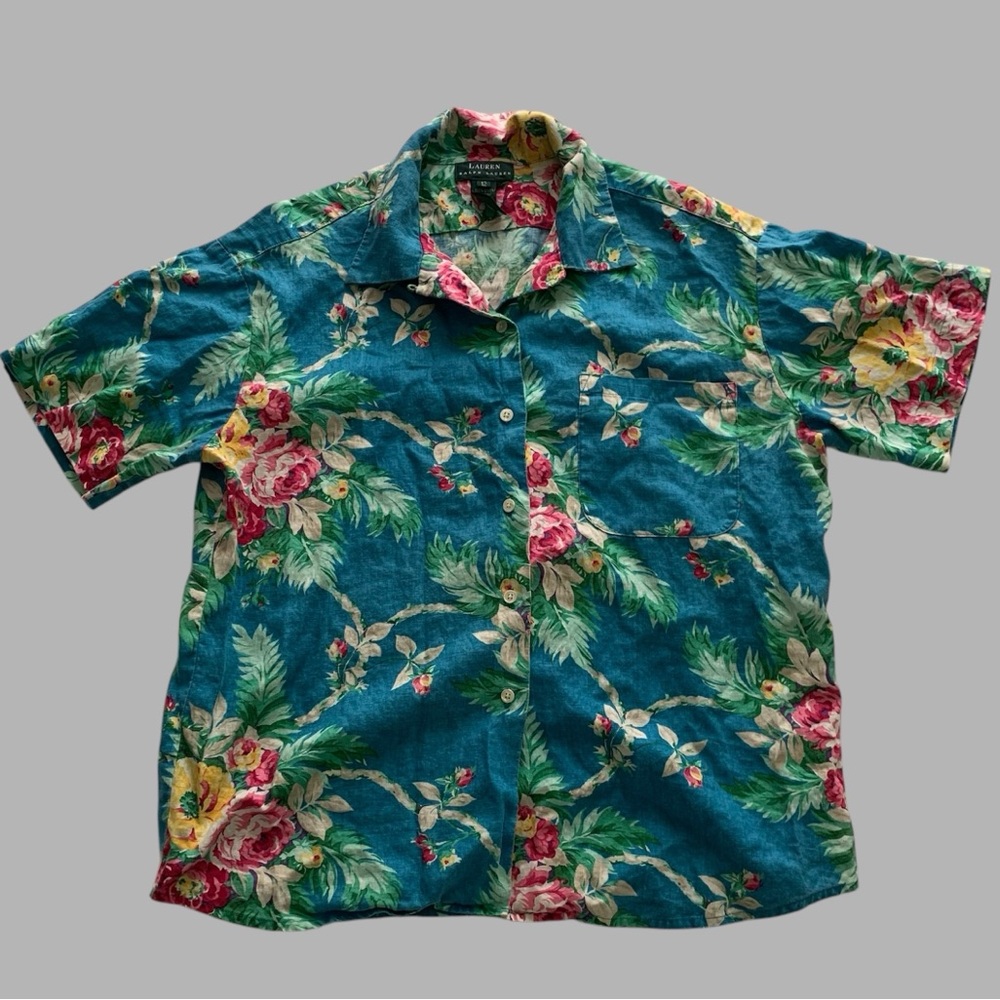 Lauren Ralph Lauren Blue Floral Short Sleeve Linen Button Up Shirt Size 12